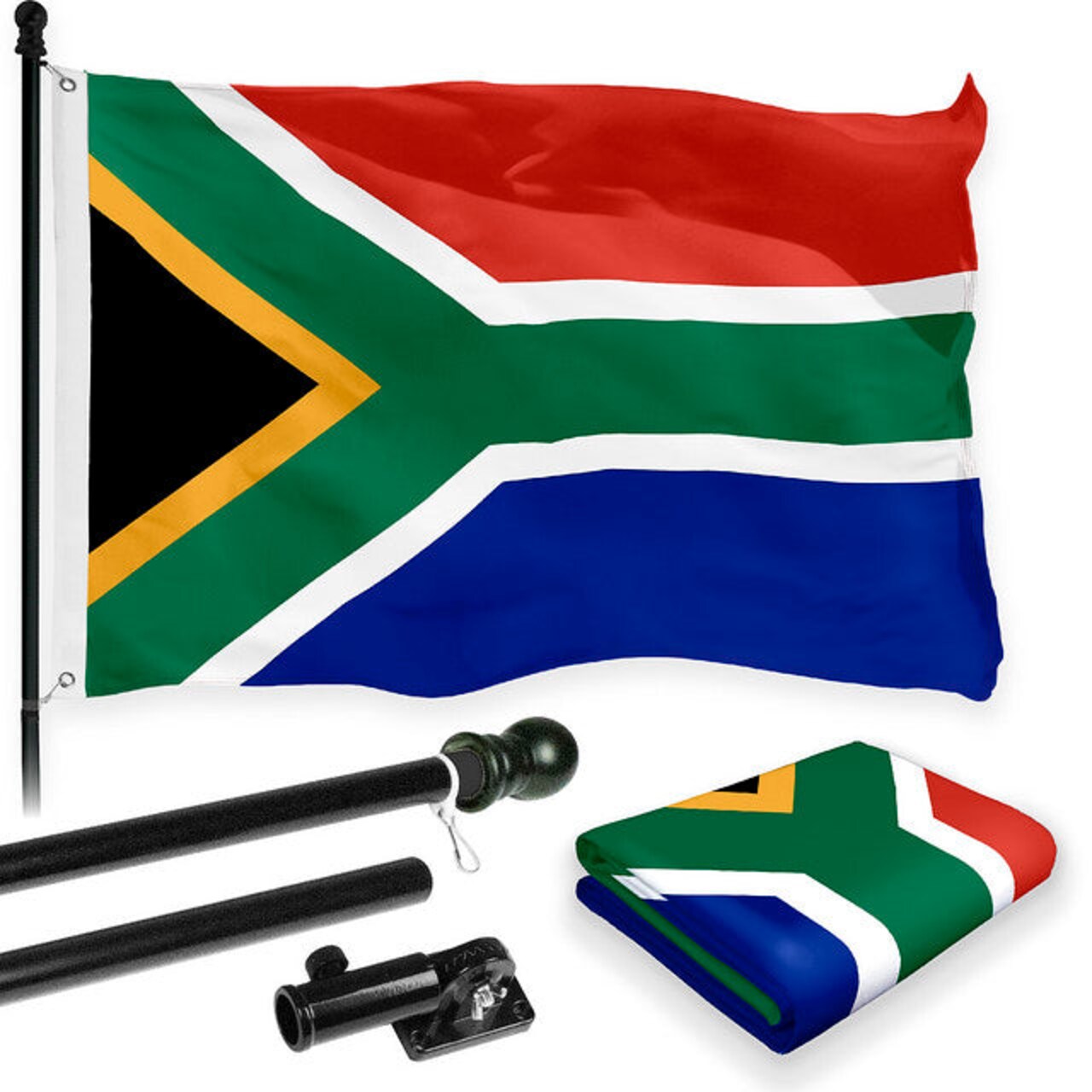 G128 Combo Pack: 6 Feet Tangle Free Spinning Flagpole (Black) South Africa South African Flag 3x5 ft Printed 150D Brass Grommets (Flag Included) Aluminum Flag Pole